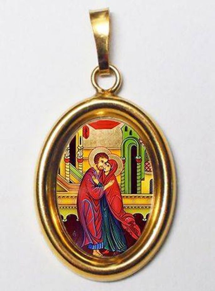 EB Arte Sacra L\\\\\\\\' Abbraccio Degli Sposi Sant\\\\\\\\' Anna E San Gioacchino Ciondolo Pendente Ovale Mm 19X24 (0,75X0,95 Inch) Argento Placcato Oro E Porcellana Uni Uomo Donna Italian Rosaries & Made In Italy Jewelry