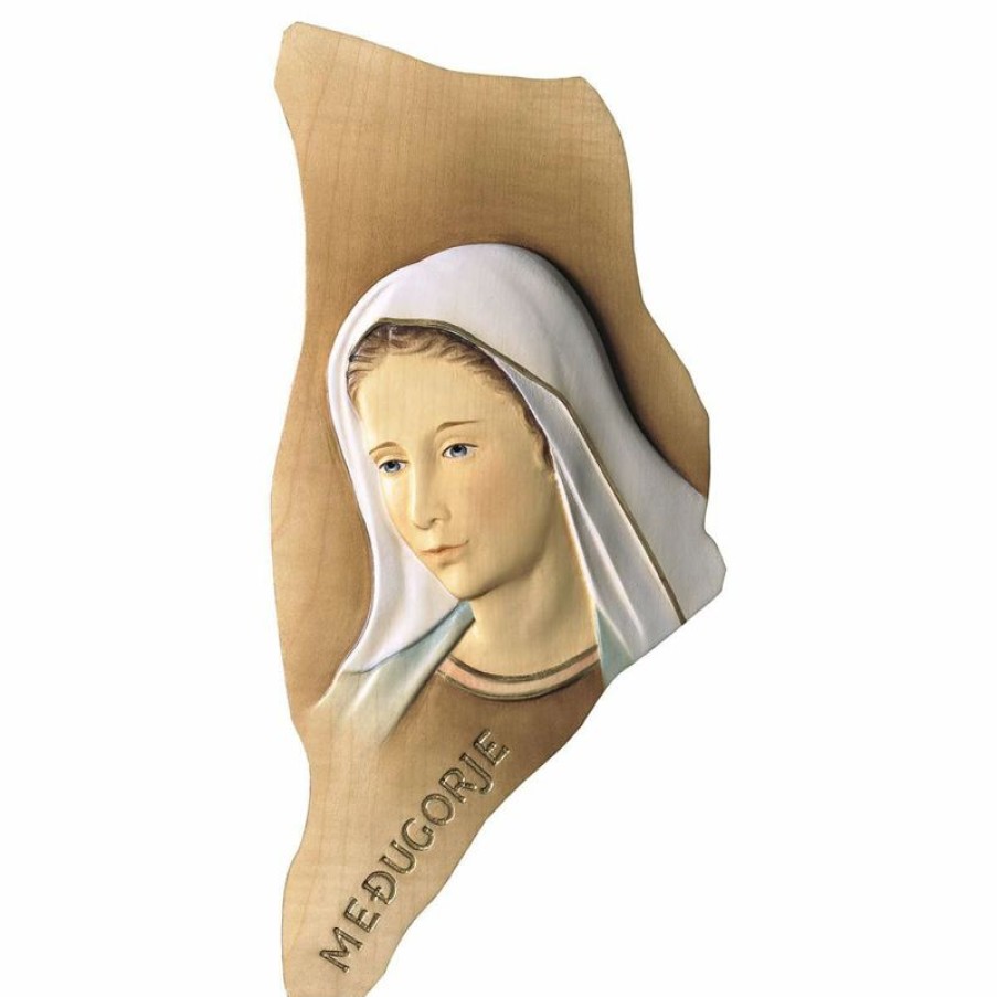 ULPE Sculture Sacre in legno Val Gardena Bassorilievo Madonna Di Medjugorje Cm 16 (6,3 Inch) Statua Dipinta Ad Olio In Legno Val Gardena Religious & Catholic Necklaces