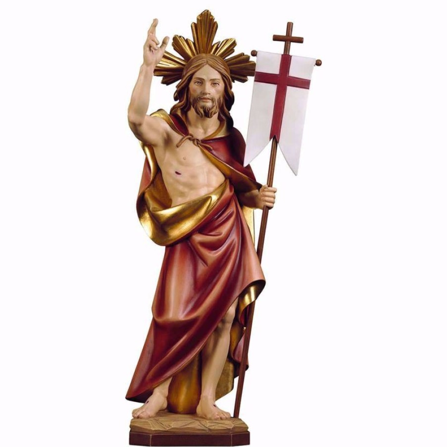 ULPE Sculture Sacre in legno Val Gardena Risurrezione Di Gesu Cristo Con Raggiera Cm 23 (9,1 Inch) Statua Dipinta Ad Olio In Legno Val Gardena Religious & Catholic Medals