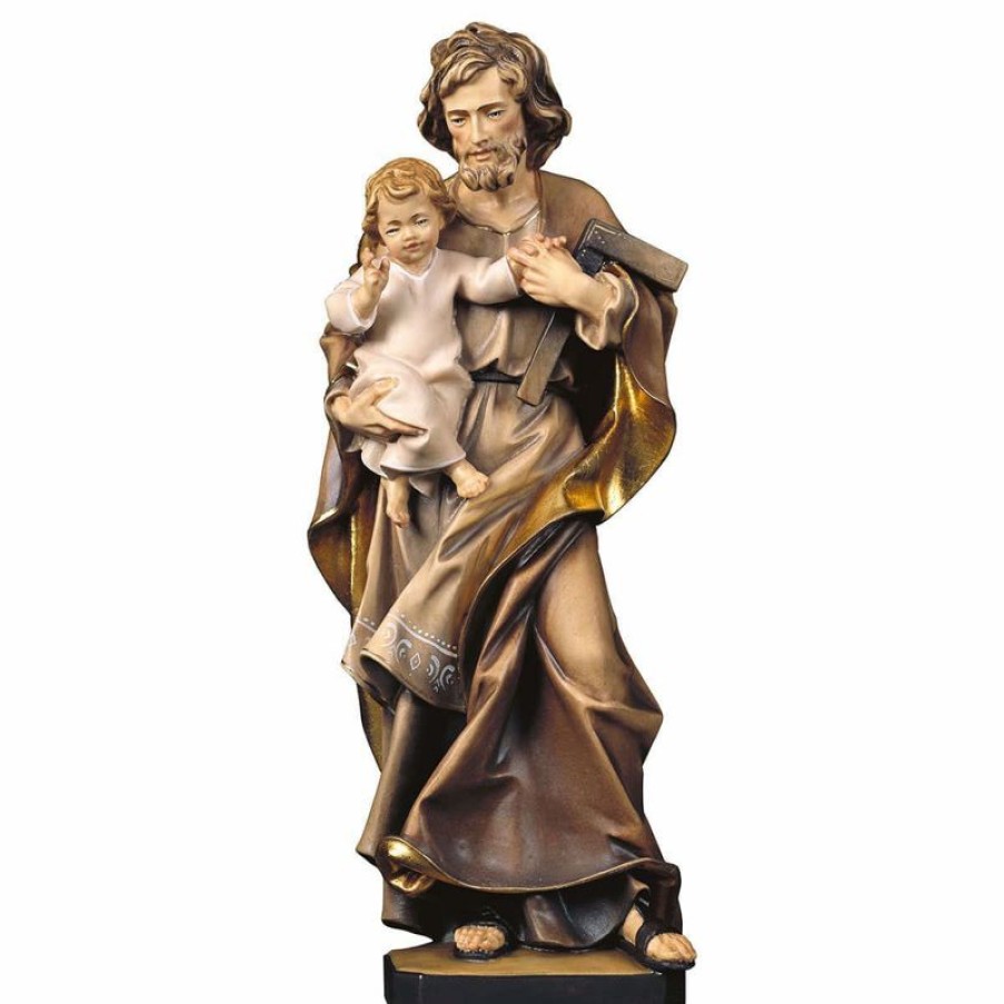 ULPE Sculture Sacre in legno Val Gardena Statua San Giuseppe Con Bambino E Squadra Cm 10 (3,9 Inch) Dipinta Ad Olio In Legno Val Gardena Cross Pendant