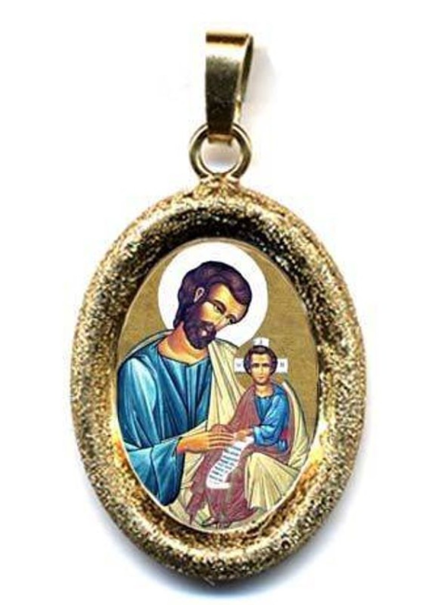 EB Arte Sacra San Giuseppe Ciondolo Pendente Ovale Diamantato Mm 19X24 (0,75X0,95 Inch) Argento Placcato Oro E Porcellana Uni Uomo Donna Confirmation