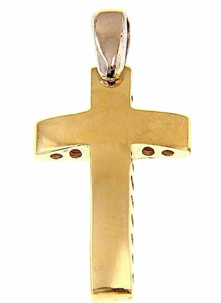 Vaticanum Gioielli in Oro Croce Bombata Traforata Ciondolo Pendente Gr 1,3 Bicolore Oro Giallo Bianco 18Kt A Canna Vuota Uni Donna Uomo First Communion