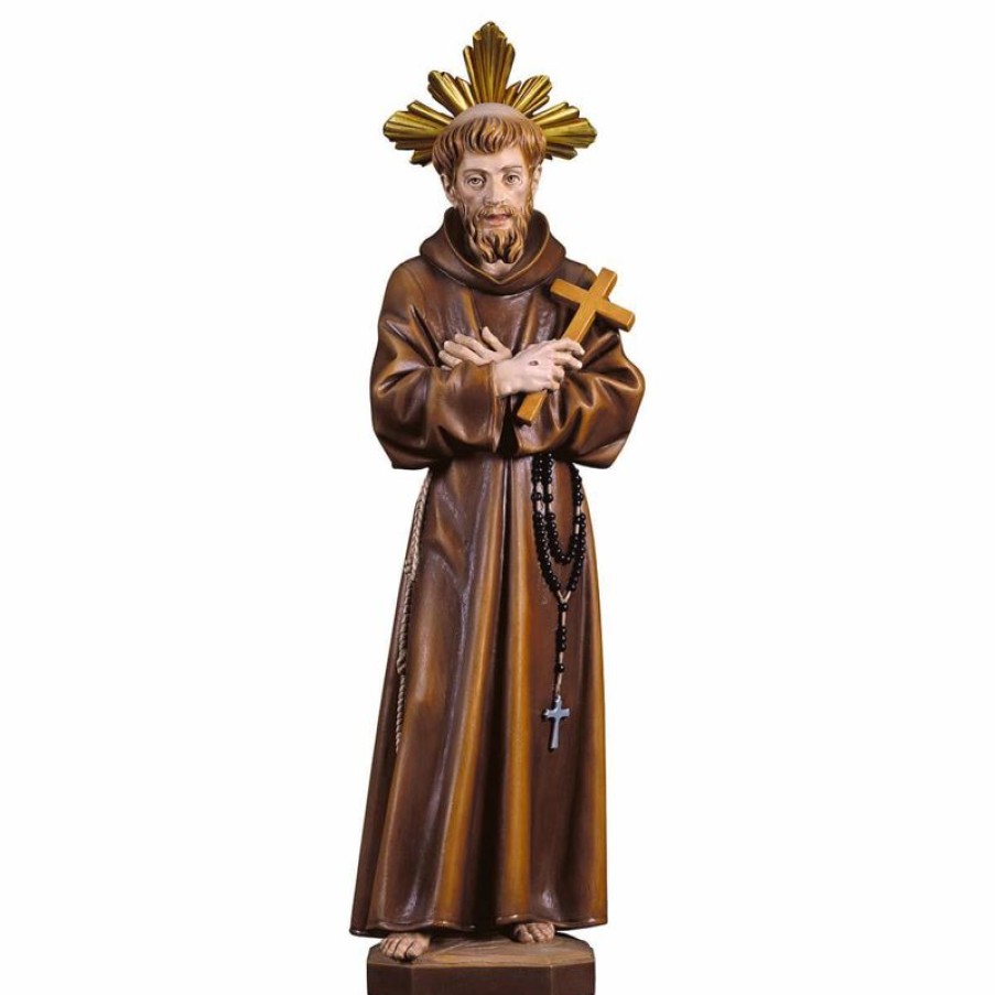 ULPE Sculture Sacre in legno Val Gardena Statua San Francesco D´Assisi Con Croce E Raggiera Cm 23 (9,1 Inch) Dipinta Ad Olio In Legno Val Gardena Cross Pendant