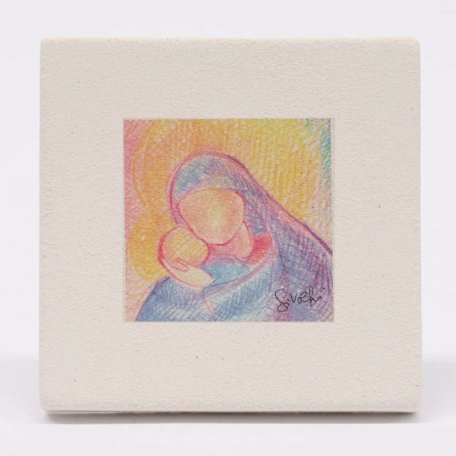 Centro Ave Loppiano Miniatura Madonna Con Bambino Cm 10 (3,9 Inch) Quadretto A Pastello In Argilla Bianca Da Parete E Tavolo Ceramica Centro Ave Loppiano Sacred & Religious Ceramics