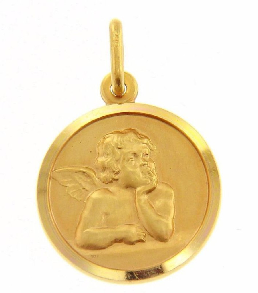 Vaticanum Gioielli in Oro Angelo Di Raffaello Medaglia Sacra Pendente Tonda Conio Gr 3,2 Oro Giallo 18Kt Donna Bimba Bimbo Baptism