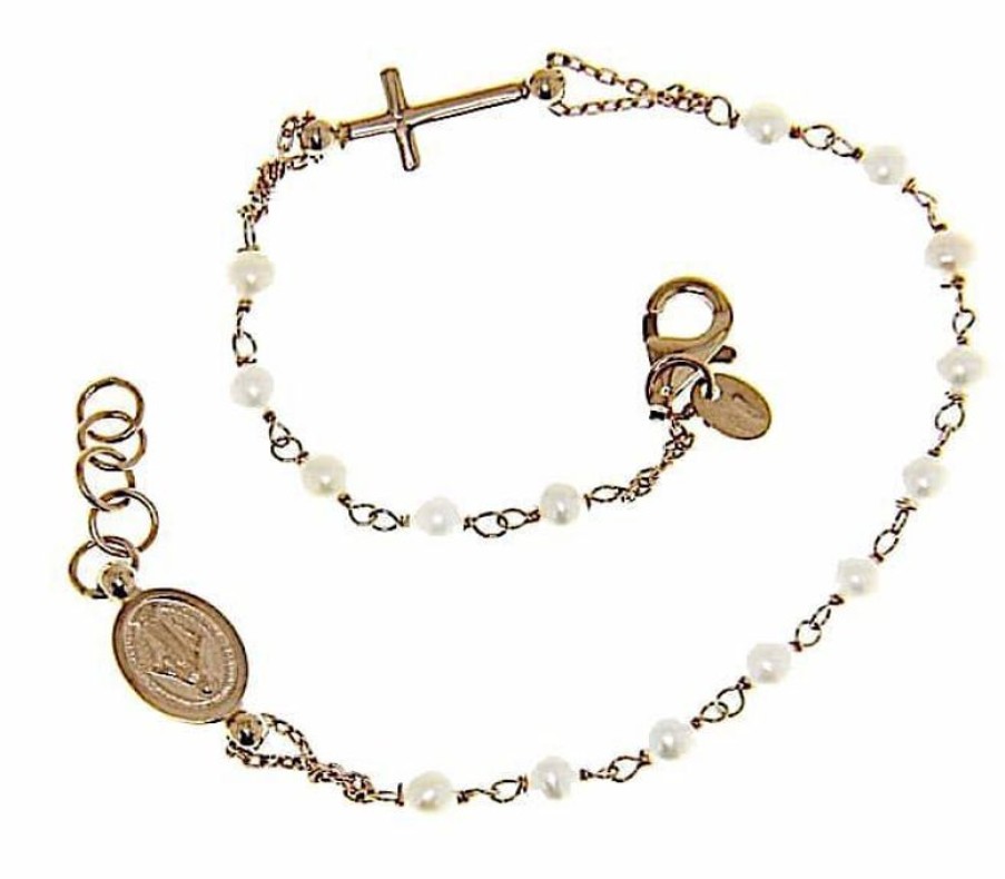 Vaticanum Gioielli in Oro Bracciale Rosario Con Medaglia Madonna Miracolosa E Croce Catena Passante Gr 3,2 Oro Rosa 18Kt Con Perle Donna Bimba Bimbo Baptism