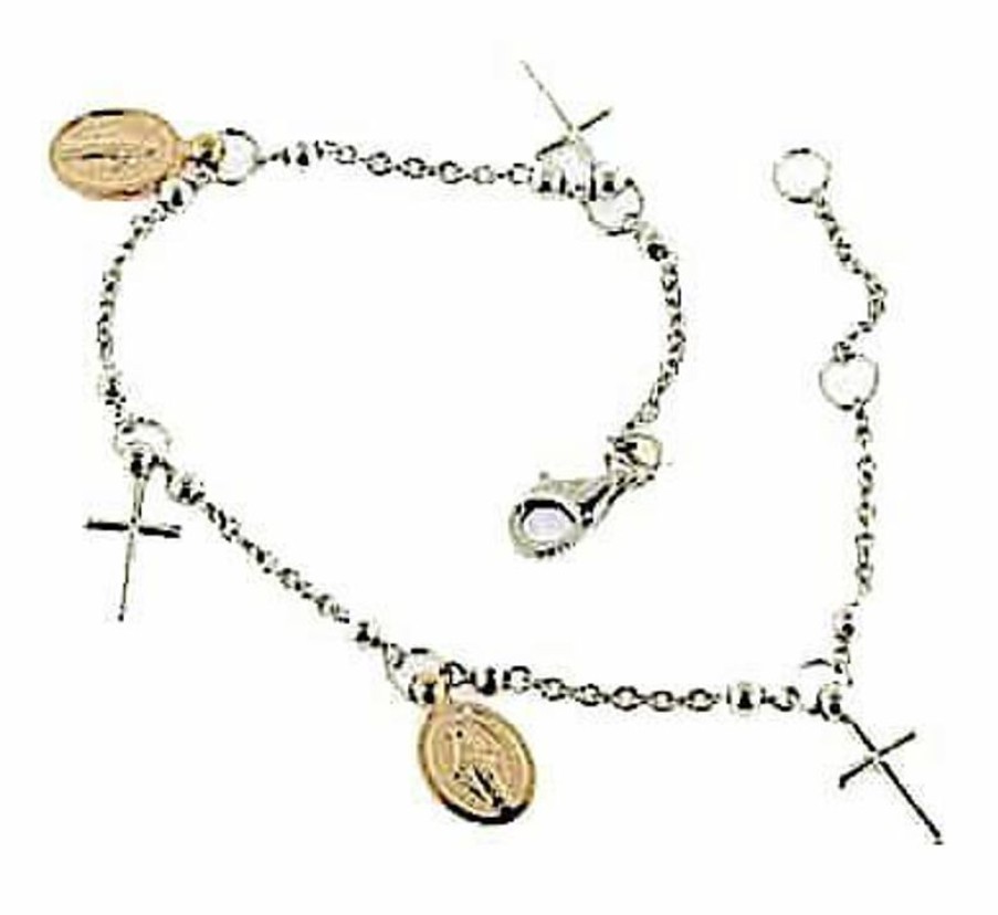 Vaticanum Gioielli in Oro Bracciale Rosario Con 2 Medaglie Madonna Miracolosa E 3 Croci Gr 4,4 Bicolore Oro Rosa E Bianco 18Kt Con Sfere Lisce Da Donna Baptism