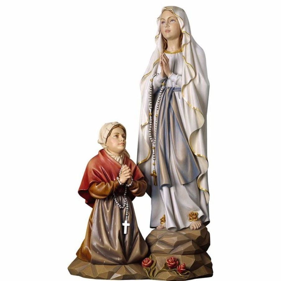 ULPE Sculture Sacre in legno Val Gardena Gruppo Apparizione Madonna Di Lourdes Cm 37 (14,6 Inch) Statua Dipinta Ad Olio In Legno Val Gardena Religious & Catholic Necklaces