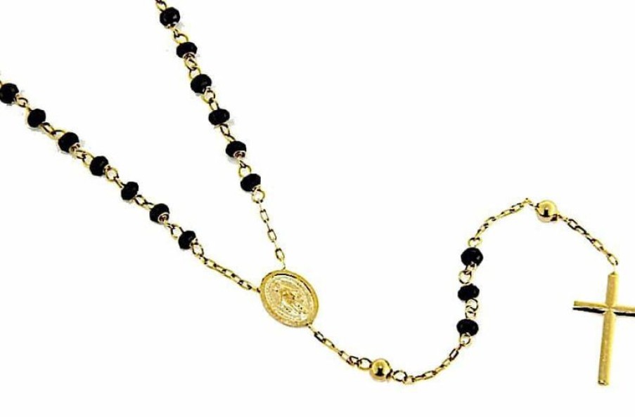 Vaticanum Gioielli in Oro Collana Girocollo Rosario Con Medaglia Madonna Miracolosa E Croce Gr 6,6 Oro Giallo 18Kt Con Onice Uni Donna Uomo First Communion