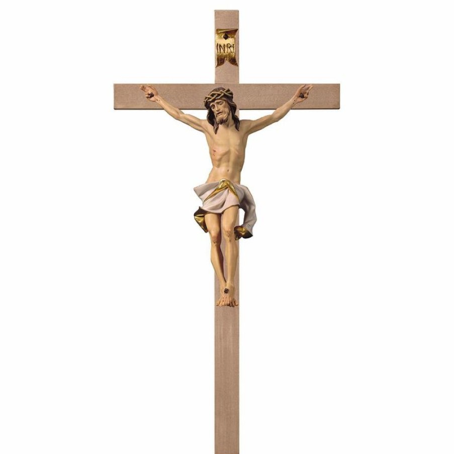 ULPE Crocifisso Nazareno Barocco Romanico Crocifisso Nazareno Bianco Su Croce Liscia Cm 220X110 (86,6X43,3 Inch) Scultura Da Parete Dipinta Ad Olio In Legno Val Gardena Jesus Statues