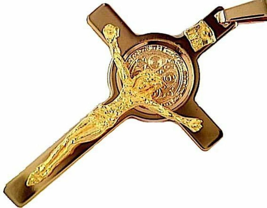 Vaticanum Gioielli in Oro Croce Di San Benedetto Con Inri Ciondolo Pendente Gr 9,1 Oro Giallo Massiccio 18Kt Uni Donna Uomo First Communion