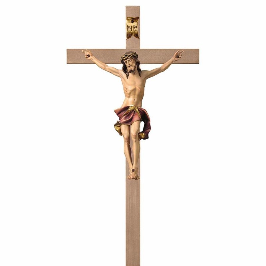 ULPE Crocifisso Nazareno Barocco Romanico Crocifisso Nazareno Rosso Su Croce Liscia Cm 67X35 (26,4X13,8 Inch) Scultura Da Parete Dipinta Ad Olio In Legno Val Gardena Jesus Statues