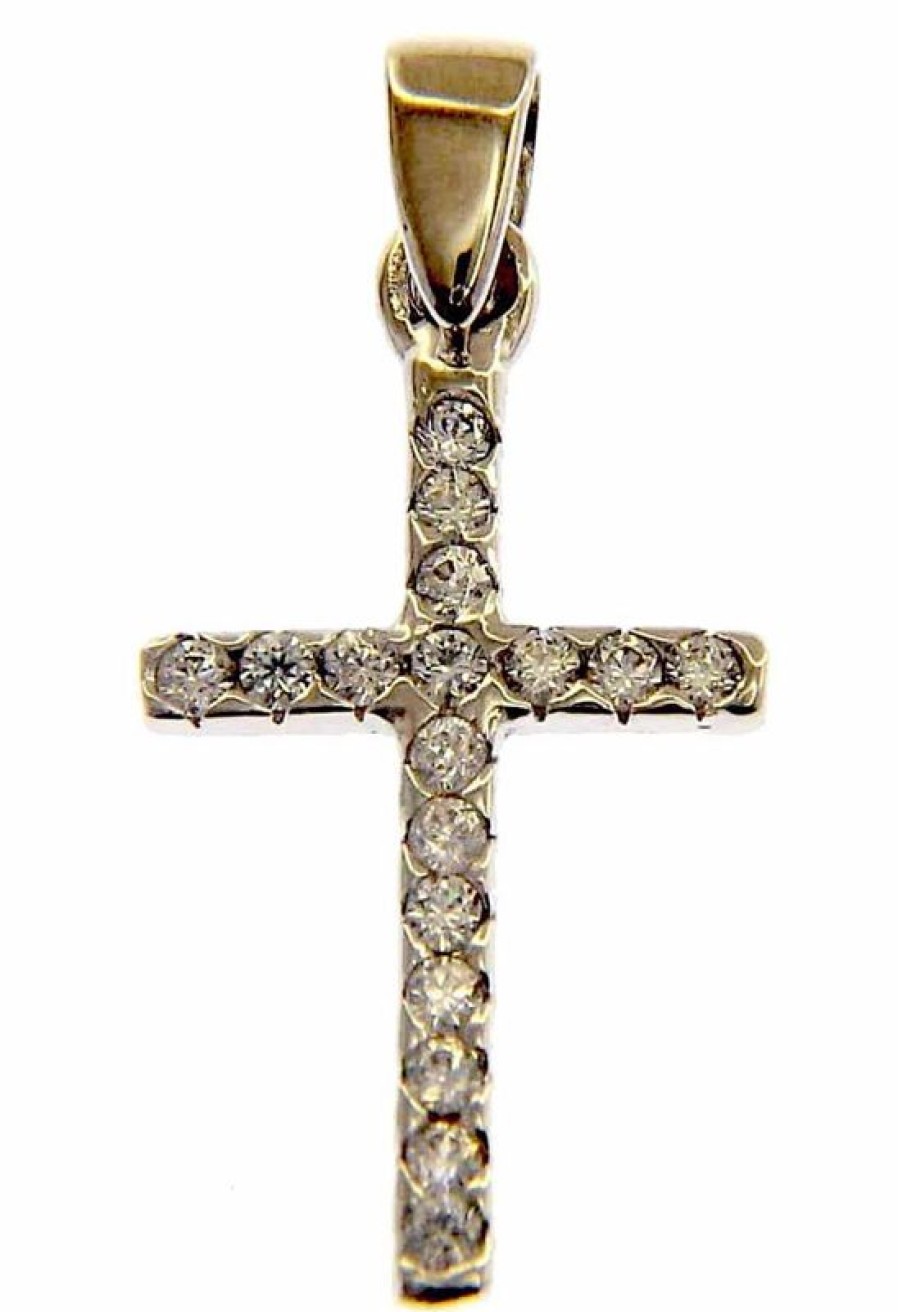 Vaticanum Gioielli in Oro Croce Dritta Con Punti Luce Ciondolo Pendente Gr 1,05 Oro Bianco 18Kt Con Zirconi Da Donna First Communion