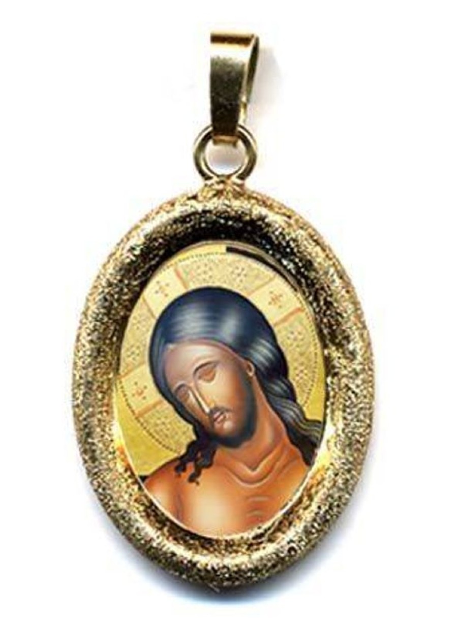 EB Arte Sacra Cristo Sposo Ciondolo Pendente Ovale Diamantato Mm 19X24 (0,75X0,95 Inch) Argento Placcato Oro E Porcellana Uni Uomo Donna Confirmation