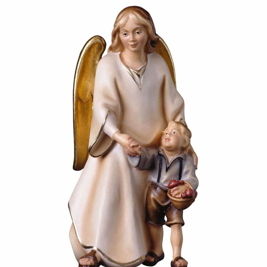 ULPE Addobbi Natalizi in legno Angelo Custode Moderno Con Bambino Cm 12 (4,7 Inch) Scultura In Legno Val Gardena Dipinta Ad Olio Holy Cards & Prayer Cards