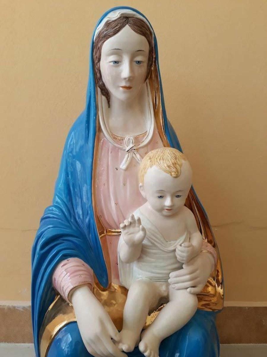 Maioliche Deruta Statua Madonna Con Bambino Cm 70 (27,6 In) Ceramica Invetriata Di Deruta Dipinta A Mano Sacred & Religious Ceramics