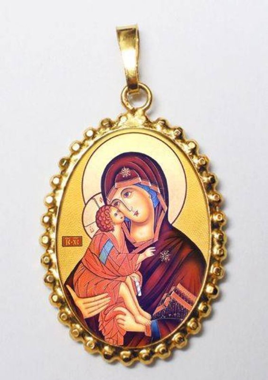 EB Arte Sacra Madonna Della Tenerezza Ciondolo Pendente Ovale A Corona Mm 24X30 (0,94X1,18 Inch) Argento Placcato Oro E Porcellana Da Donna Baptism