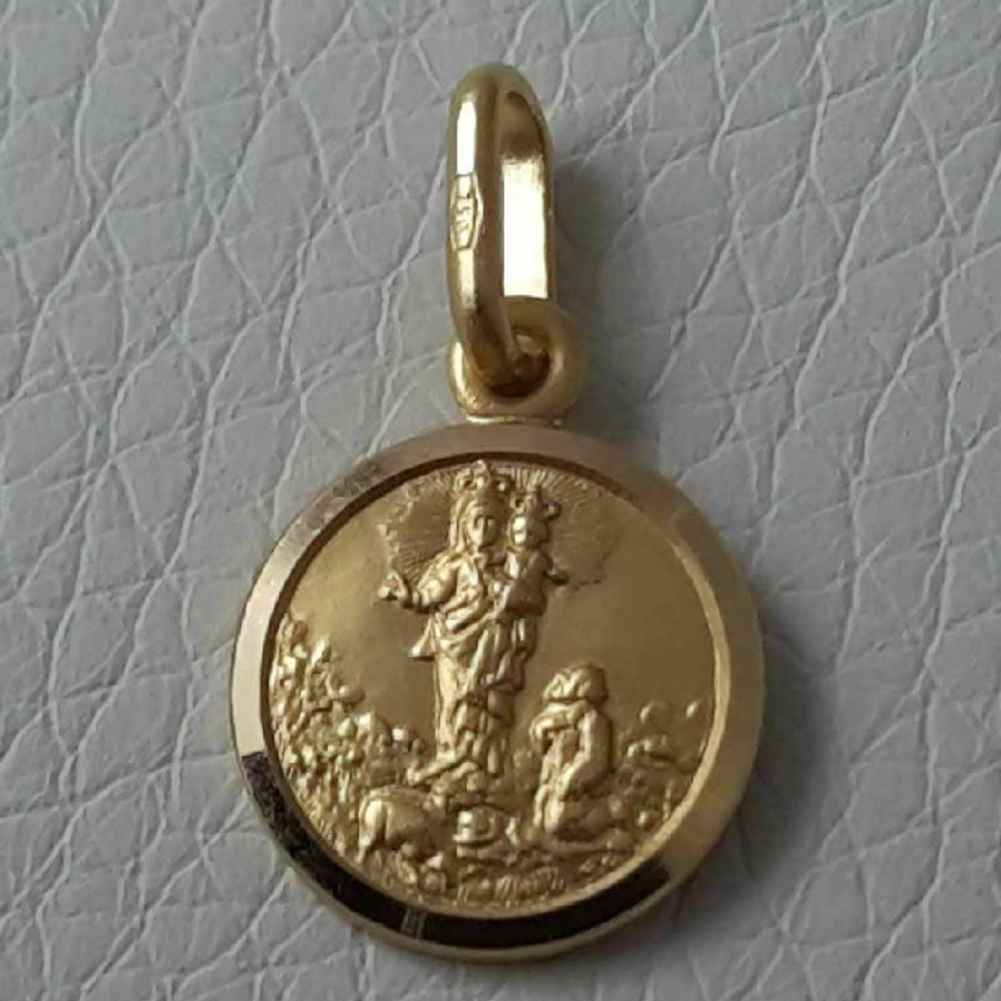 Vaticanum Gioielli in Oro Madonna Della Guardia Con Bambino E Corona Medaglia Sacra Pendente Tonda Conio Gr 1,9 Oro Giallo 18Kt Con Bordo Liscio Da Donna Italian Rosaries & Made In Italy Jewelry