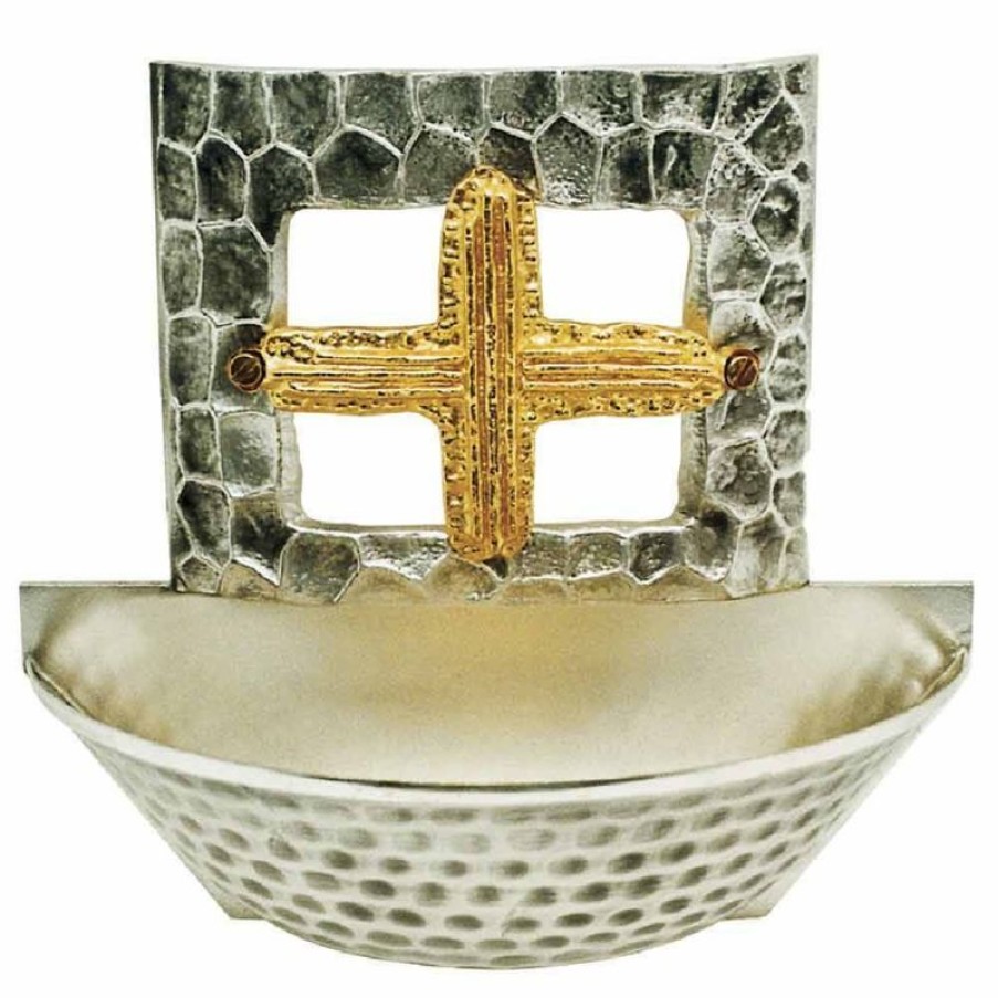 SEA Oggetti Liturgici in Oro e Argento Acquasantiera Da Parete H. Cm 15 (5,9 Inch) Croce Dorata In Ottone Per Acqua Santa Sacred & Religious Ceramics