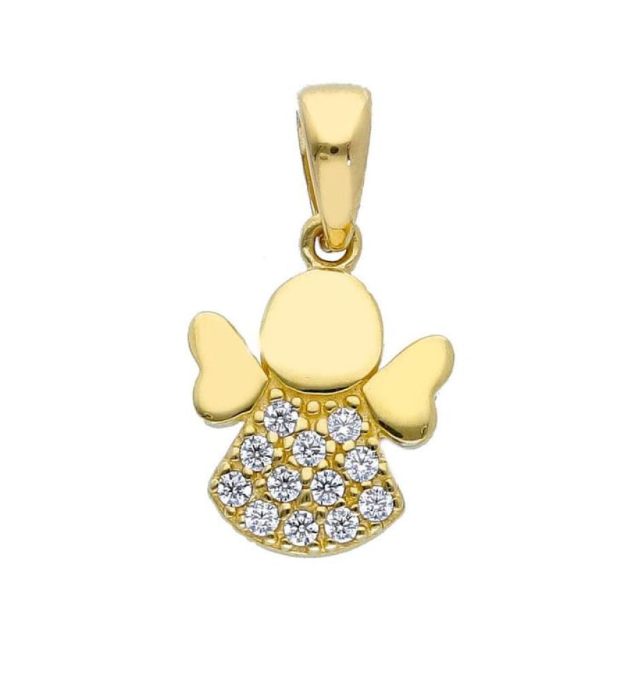 Vaticanum Gioielli in Oro Angelo Con Punti Luce Ciondolo Pendente Gr 1,1 Oro Giallo 18Kt Con Zirconi Da Donna Bimbo Bimba Holy Water Fonts