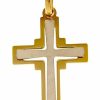 Vaticanum Gioielli in Oro Croce Doppia Traforata Ciondolo Pendente Gr 1,45 Bicolore Oro Massiccio Giallo Bianco 18Kt Da Uomo First Communion