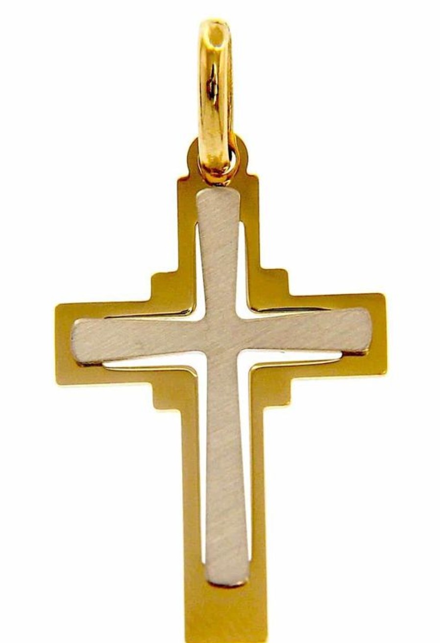 Vaticanum Gioielli in Oro Croce Doppia Traforata Ciondolo Pendente Gr 1,45 Bicolore Oro Massiccio Giallo Bianco 18Kt Da Uomo First Communion