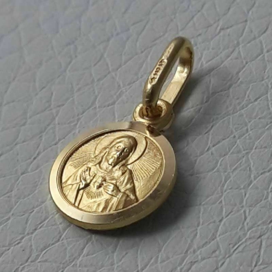 Vaticanum Gioielli in Oro Sacro Cuore Di Gesu E Madonna Del Carmine Medaglia Sacra Scapolare Pendente Tonda Conio Gr 1,2 Oro Giallo 18Kt Con Bordo Liscio Uni Donna Uomo Confirmation