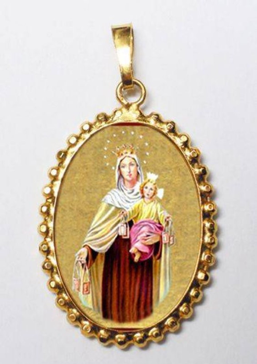 EB Arte Sacra Madonna Del Carmelo Ciondolo Pendente Ovale A Corona Mm 24X30 (0,94X1,18 Inch) Argento Placcato Oro E Porcellana Da Donna Italian Rosaries & Made In Italy Jewelry