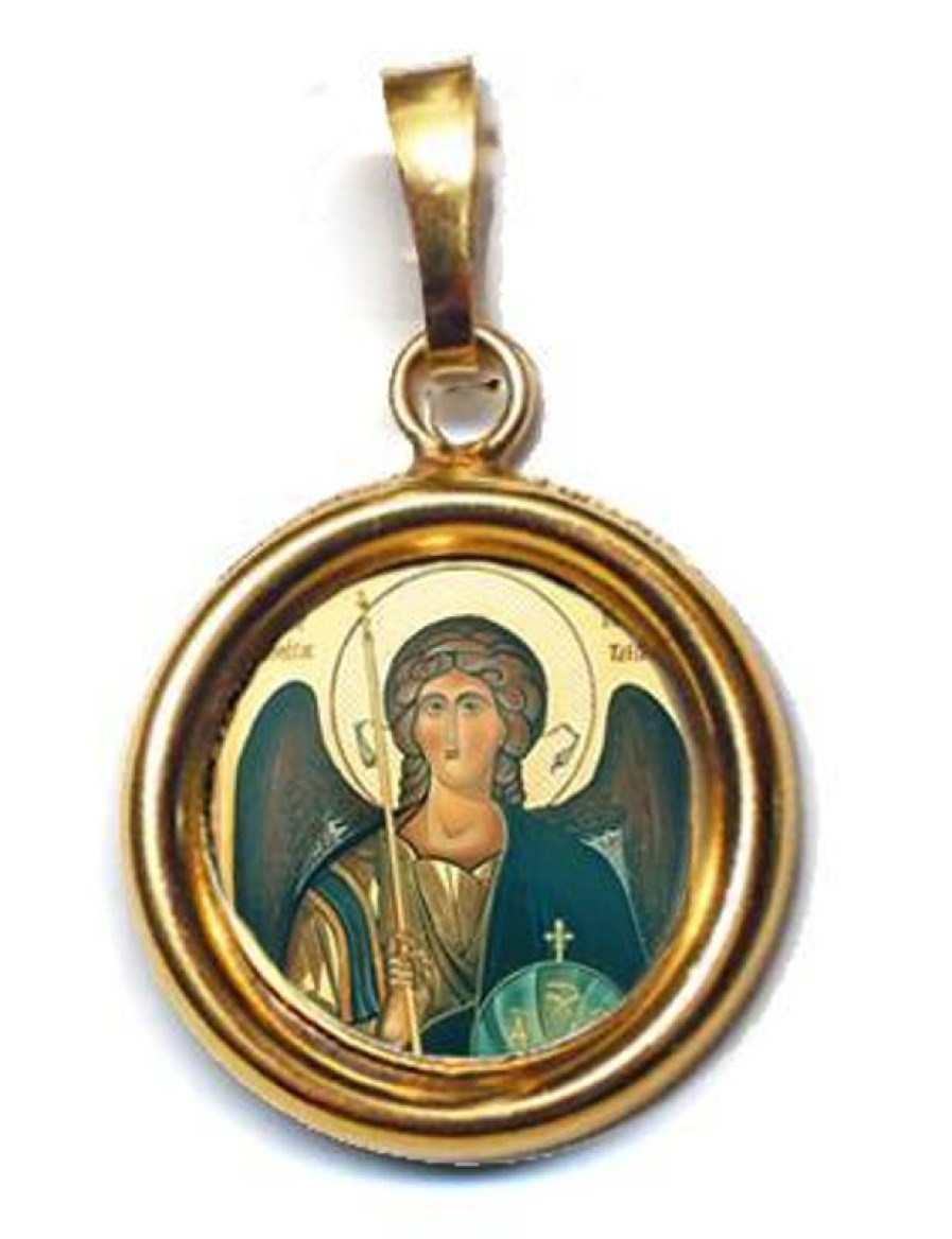 EB Arte Sacra Arcangelo Michele Ciondolo Pendente Tondo Liscio Diam Mm 19 (0,75 Inch) Argento Placcato Oro E Porcellana Uni Uomo Donna E Bambini Holy Water Fonts