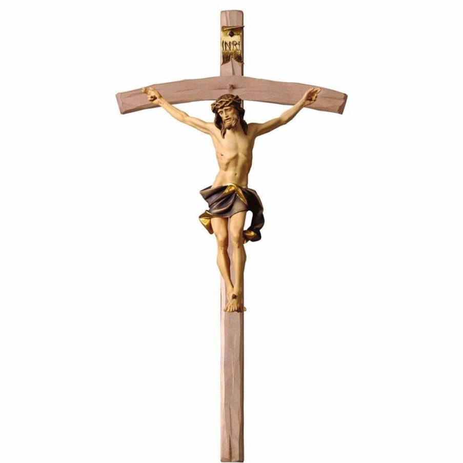 ULPE Crocifisso Nazareno Barocco Romanico Crocifisso Nazareno Blu Su Croce Curva Cm 23X12 (9,1X4,7 Inch) Scultura Da Parete Dipinta Ad Olio In Legno Val Gardena Jesus Statues