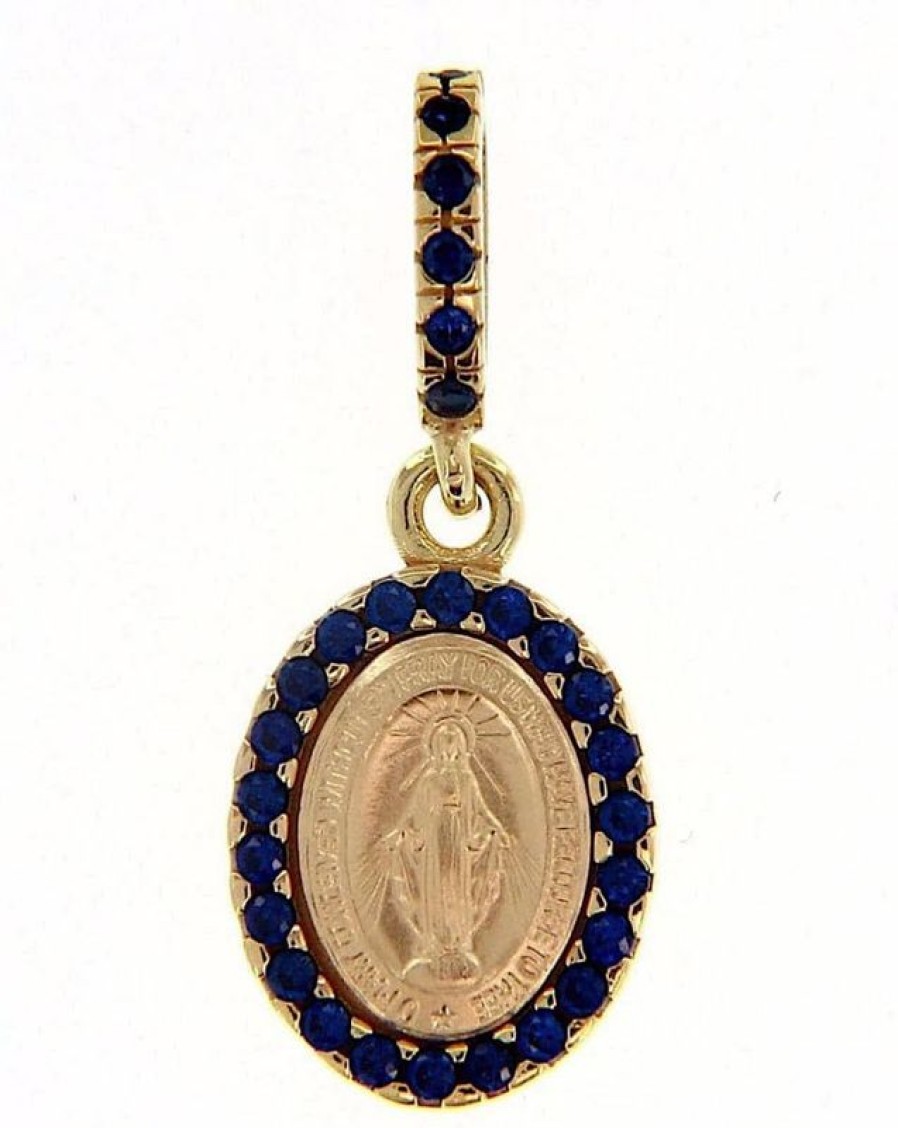 Vaticanum Gioielli in Oro Madonna Miracolosa Con Corona E Punti Luce Medaglia Sacra Pendente Ovale Conio Gr 1,5 Oro Giallo 18Kt Con Zirconi Blu E Madreperla Da Donna Baptism