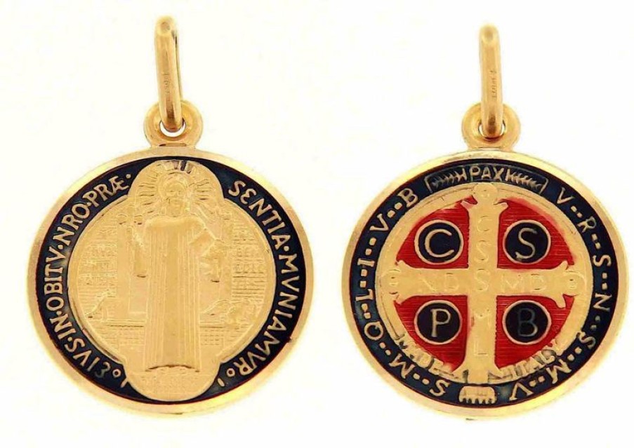 Vaticanum Gioielli in Oro Croce Di San Benedetto Crux Sancti Patris Benedicti Medaglia Sacra Pendente Tonda Conio Gr 3,9 Oro Giallo 18Kt Con Smalto Uni Donna Uomo First Communion