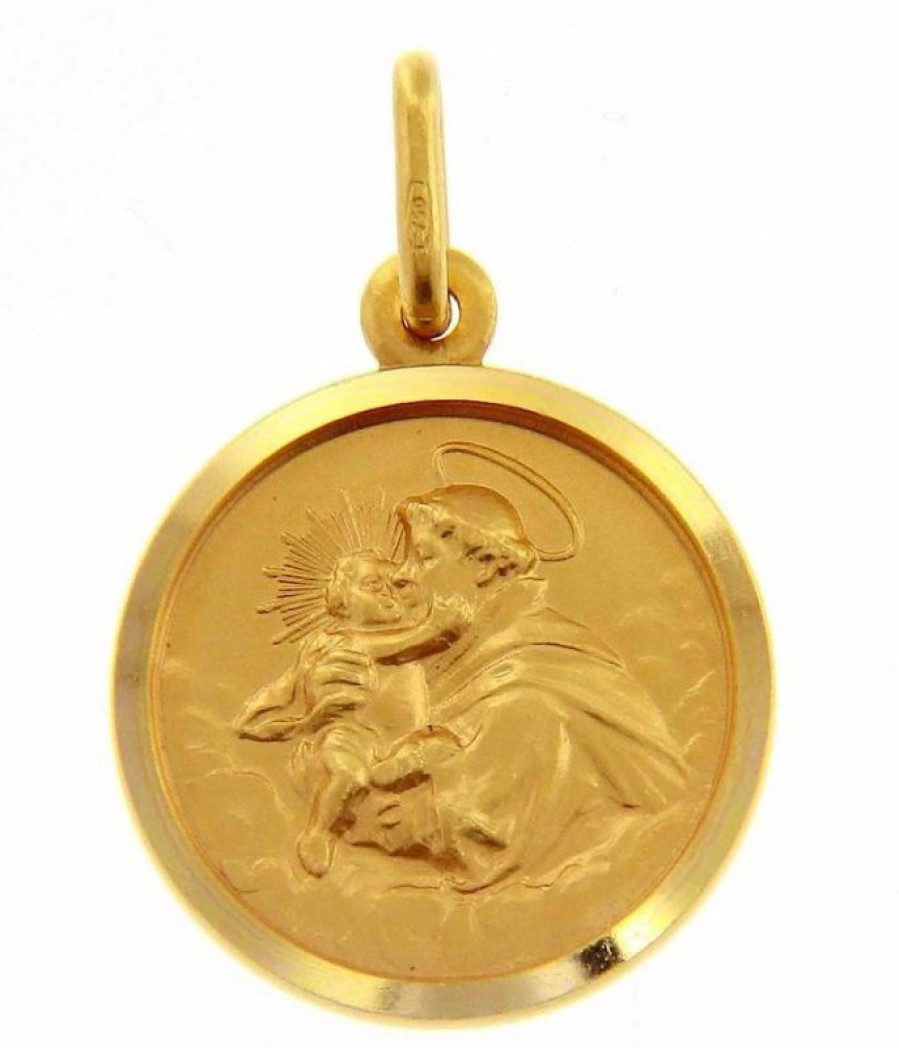 Vaticanum Gioielli in Oro Sant'Antonio Da Padova Con Bambino Medaglia Sacra Pendente Tonda Conio Gr 3,3 Oro Giallo 18Kt Con Bordo Liscio Uni Donna Uomo Confirmation