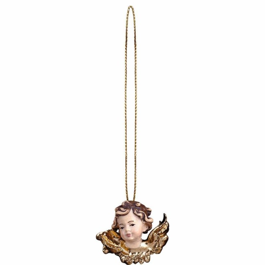 ULPE Addobbi Natalizi in legno Testina D´Angelo Destra Con Filo D\\\\\\\\'Oro Cm 3 (1,2 Inch) Decorazione Albero Natale Dipinta Ad Olio In Legno Val Gardena Baptism