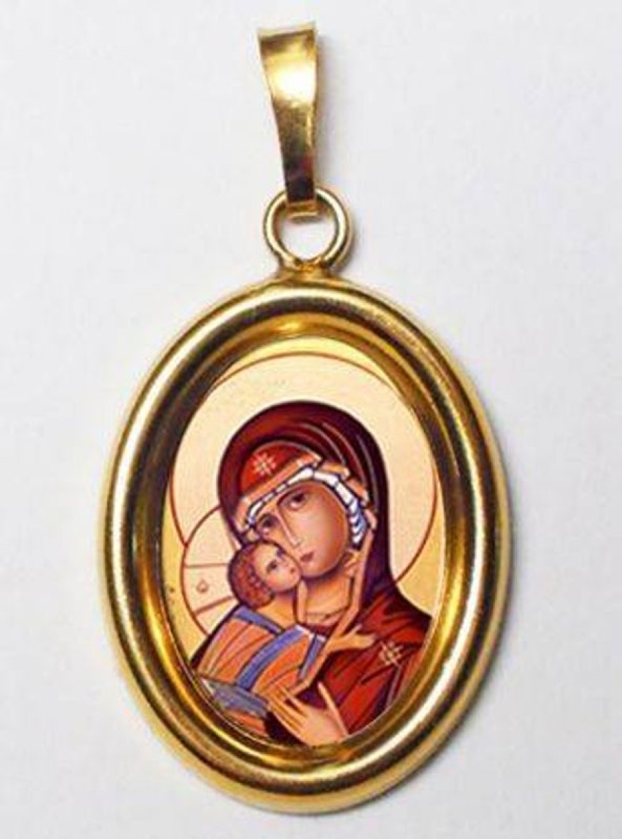 EB Arte Sacra La Vergine Di Vladimir Ciondolo Pendente Ovale Mm 19X24 (0,75X0,95 Inch) Argento Placcato Oro E Porcellana Uni Uomo Donna Italian Rosaries & Made In Italy Jewelry