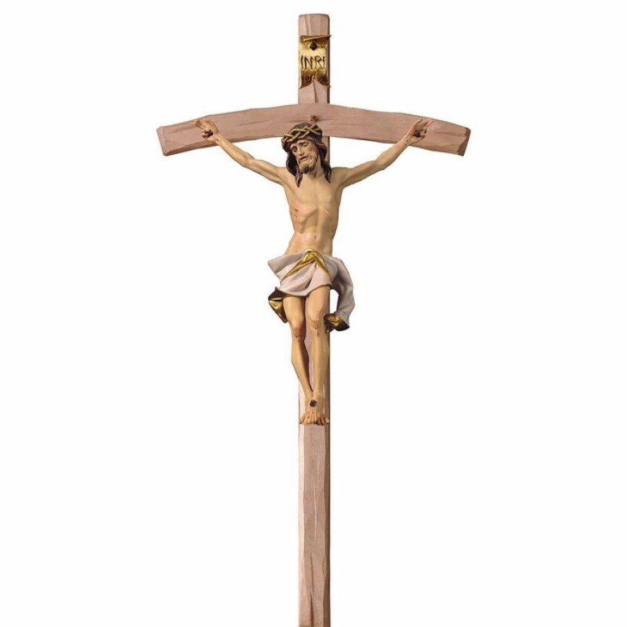 ULPE Crocifisso Nazareno Barocco Romanico Crocifisso Nazareno Bianco Su Croce Curva Cm 53X28 (20,9X11,0 Inch) Scultura Da Parete Dipinta Ad Olio In Legno Val Gardena Saints Statues