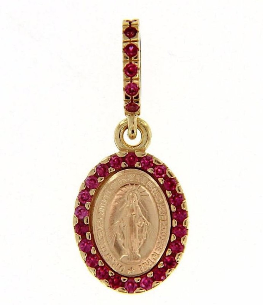 Vaticanum Gioielli in Oro Madonna Miracolosa Con Corona E Punti Luce Medaglia Sacra Pendente Ovale Conio Gr 1,5 Oro Giallo 18Kt Con Zirconi Rossi E Madreperla Da Donna Baptism