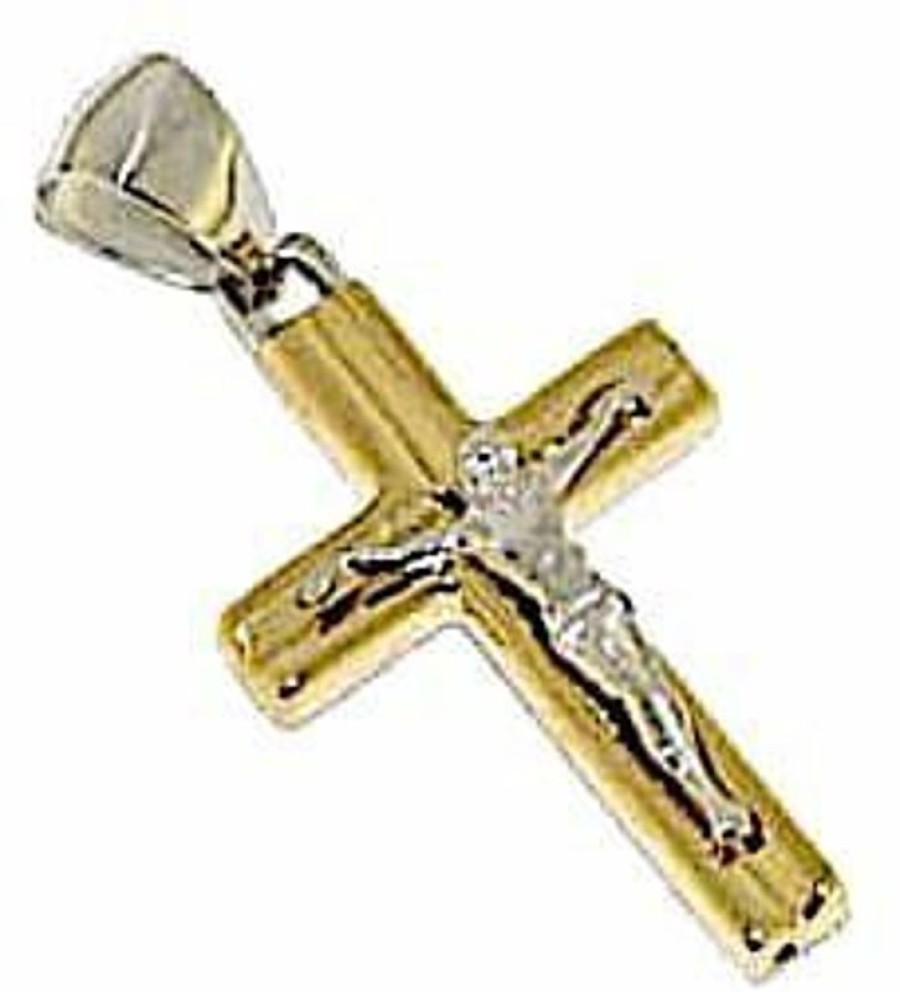 Vaticanum Gioielli in Oro Croce Dritta Rigata Con Corpo Di Cristo Concava Ciondolo Pendente Gr 1,6 Bicolore Oro Giallo Bianco 18Kt A Canna Vuota Uni Donna Uomo First Communion