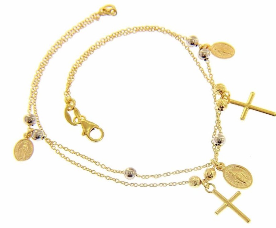 Vaticanum Gioielli in Oro Bracciale Rosario Con 3 Medaglie Madonna Miracolosa E 2 Croci Gr 3,7 Bicolore Oro Giallo E Bianco 18Kt Con Sfere Lisce E Diamantate Da Donna Baptism