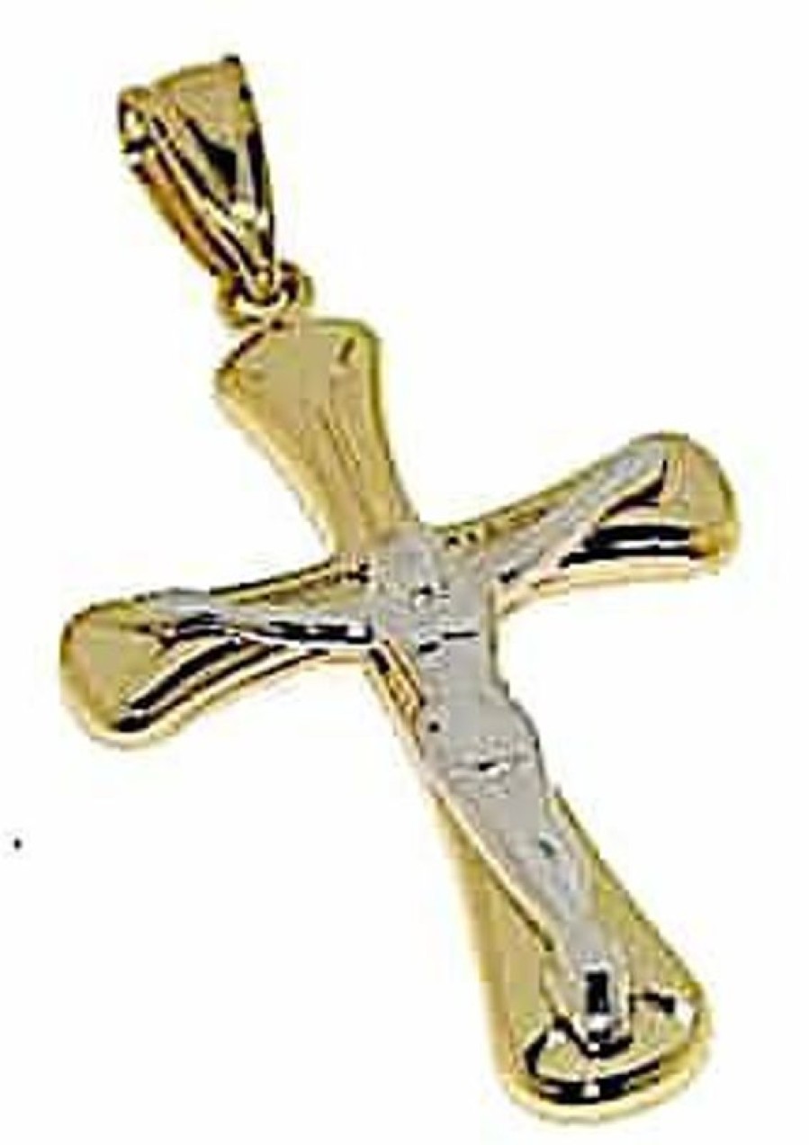 Vaticanum Gioielli in Oro Croce Moderna Con Corpo Di Cristo Ciondolo Pendente Gr 1,75 Bicolore Oro Giallo Bianco 18Kt A Canna Vuota Uni Donna Uomo Confirmation