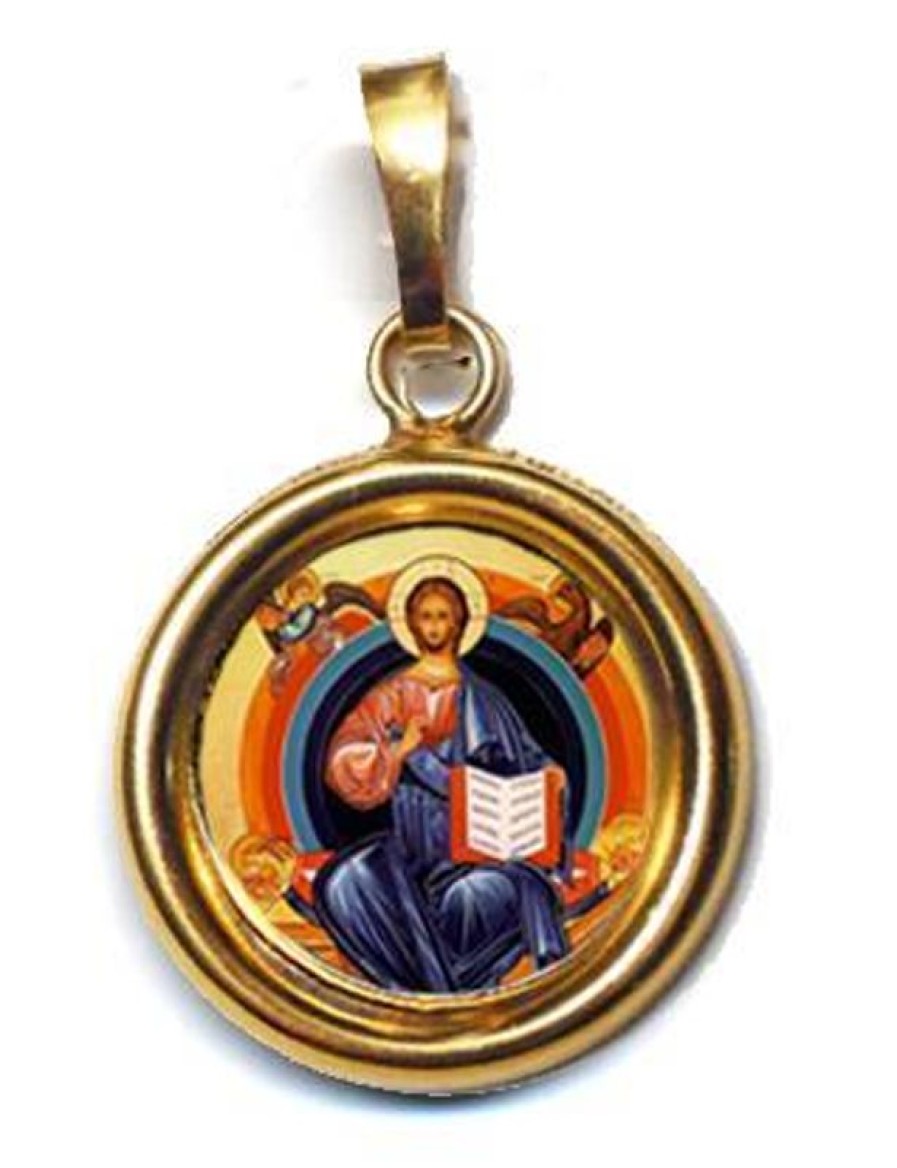 EB Arte Sacra Cristo In Trono Ciondolo Pendente Tondo Liscio Diam Mm 19 (0,75 Inch) Argento Placcato Oro E Porcellana Uni Uomo Donna Confirmation