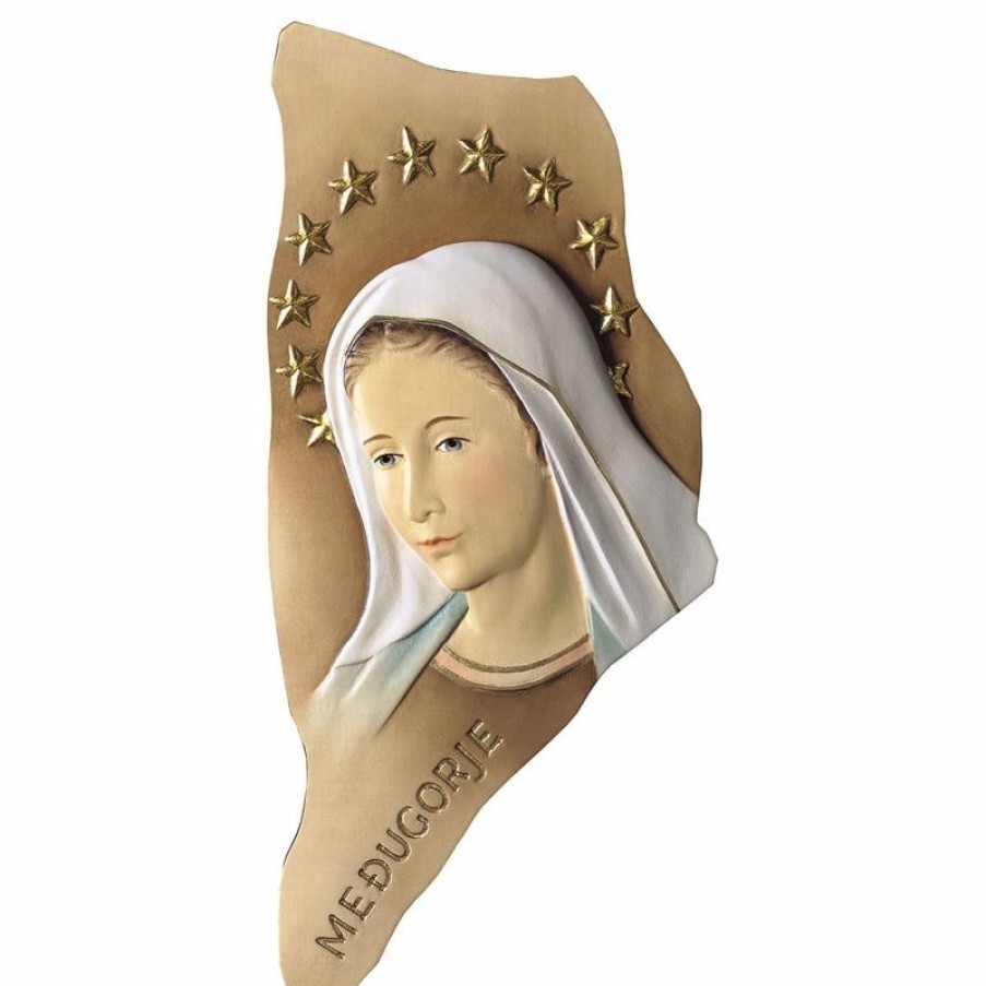 ULPE Sculture Sacre in legno Val Gardena Bassorilievo Madonna Di Medjugorje Con Stellario Cm 24 (9,4 Inch) Statua Dipinta Ad Olio In Legno Val Gardena Religious & Catholic Necklaces