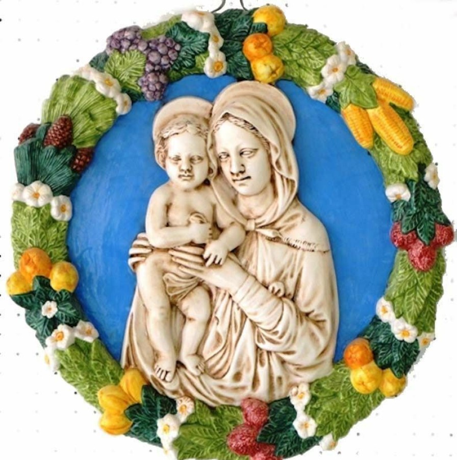 Luca della Robbia Ceramiche Madonna Con Bambino Tondo Da Muro Diam. Cm 56 (22 In) Bassorilievo Ceramica Robbiana Sacred & Religious Ceramics