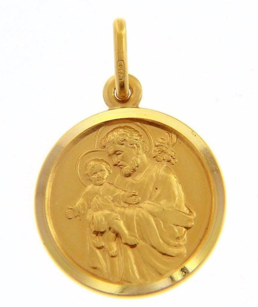 Vaticanum Gioielli in Oro San Giuseppe Con Gesu Bambino Medaglia Sacra Pendente Tonda Conio Gr 3,4 Oro Giallo 18Kt Con Bordo Liscio Da Uomo Confirmation