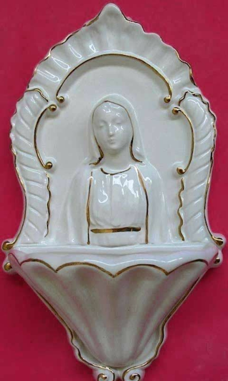 Maioliche Deruta Madonna Miracolosa Acquasantiera Cm 26 (10,2 In) Ceramica Invetriata Bianca Filo Oro Sacred & Religious Ceramics