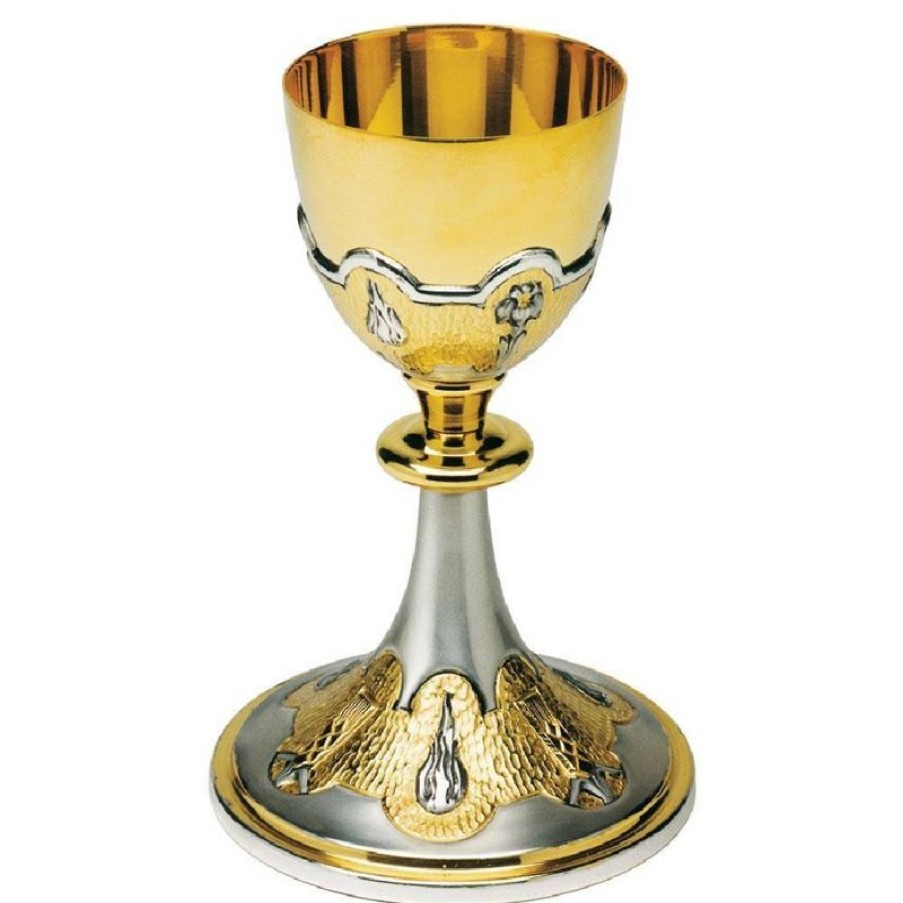 SEA Oggetti Liturgici in Oro e Argento Calice Liturgico H. Cm 20 (7,9 Inch) Gigli Spighe E Fuoco Dello Spirito Santo In Ottone Bicolore Da Altare Messa Sacred Altar Vessels