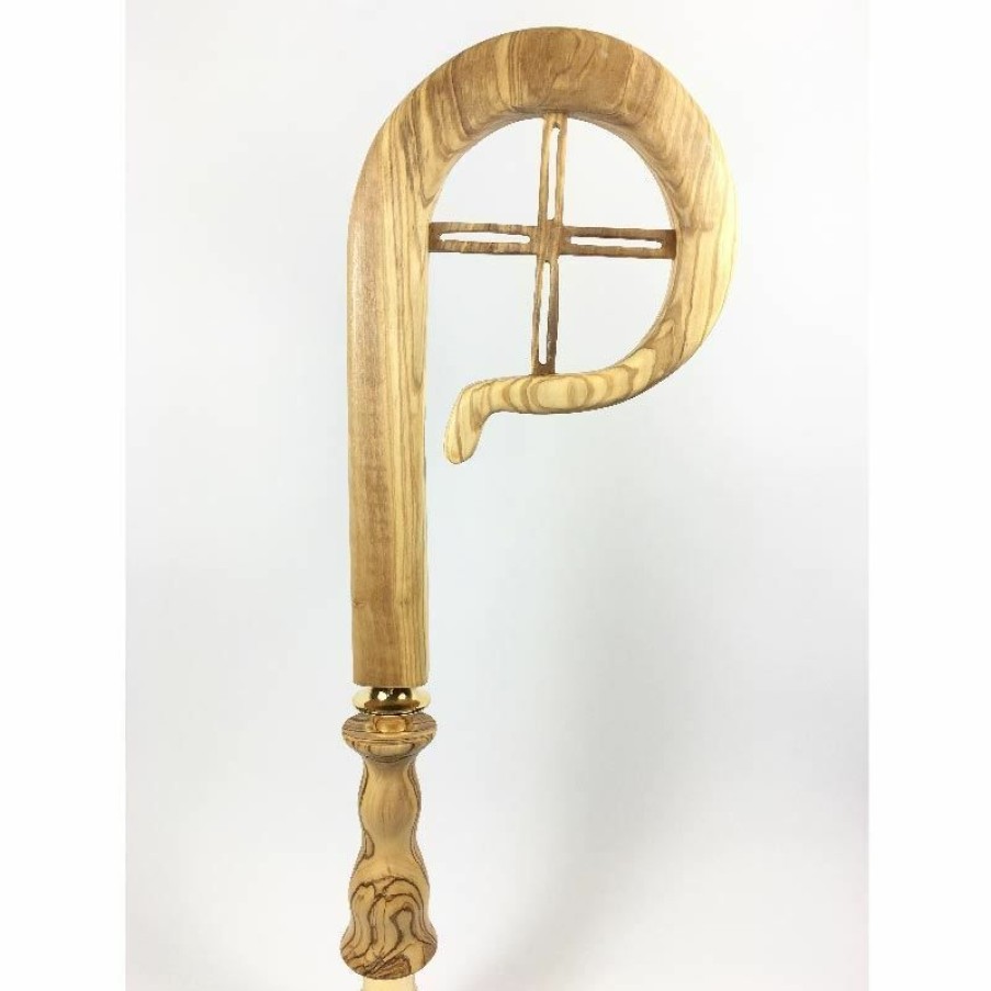 Arredi Sacri in Legno d'Ulivo Bastone Pastorale Con Asta Cm 184 (72,4 Inch) Croce Grande Traforata In Legno Di Ulivo Di Assisi Bishops Items & Accessories