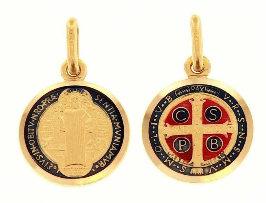 Vaticanum Gioielli in Oro Croce Di San Benedetto Crux Sancti Patris Benedicti Medaglia Sacra Pendente Tonda Conio Gr 2,4 Oro Giallo 18Kt Con Smalto Uni Donna Uomo First Communion