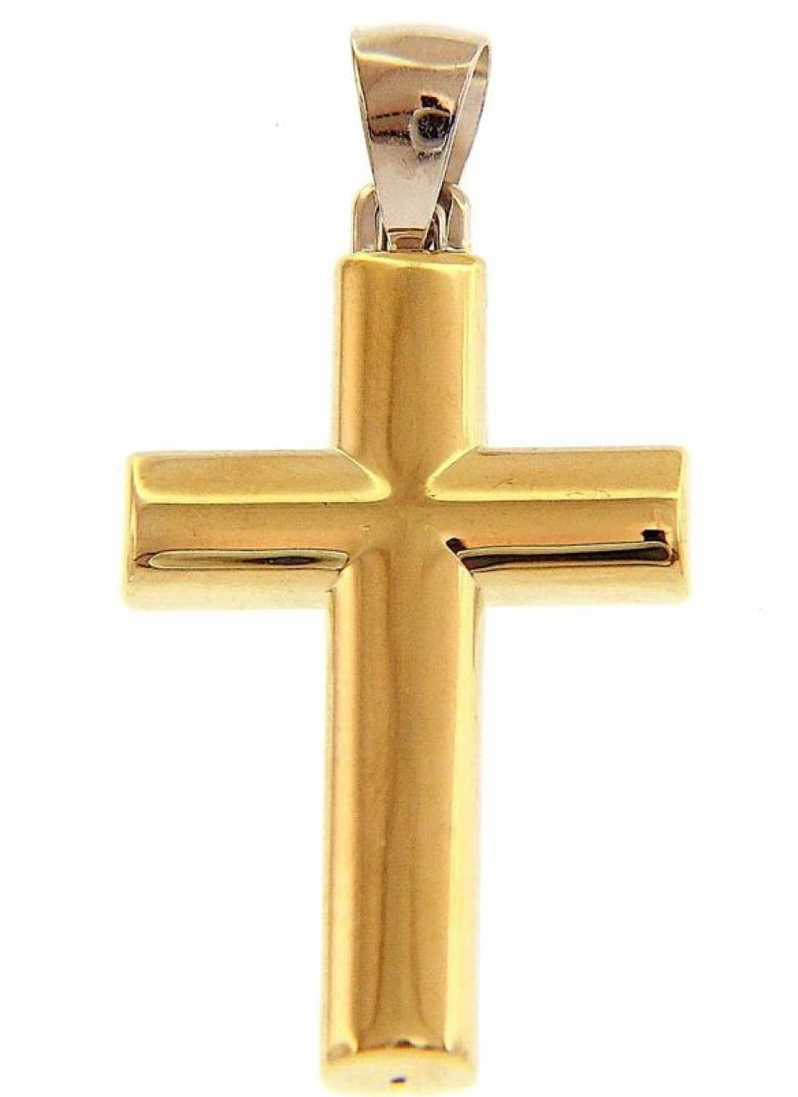 Vaticanum Gioielli in Oro Croce Dritta Liscia Ciondolo Pendente Gr 1,9 Bicolore Oro Giallo Bianco 18Kt A Canna Vuota Uni Donna Uomo First Communion