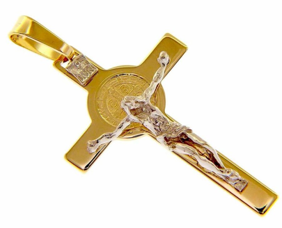 Vaticanum Gioielli in Oro Croce Di San Benedetto Con Inri Ciondolo Pendente Gr 5,4 Bicolore Oro Massiccio Giallo Bianco 18Kt Uni Donna Uomo First Communion